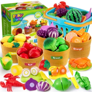 Kids Play Food Set with Color Sorting Baskets – 60PCS Pretend Kitchen Food Toys for Toddlers, Cutting & Learning Playset