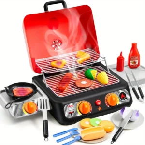 Kids BBQ Grill Playset with Realistic Smoke & Lights – Pretend Cooking Toy with Color-Changing Food, Outdoor Kitchen Play Set for Kids