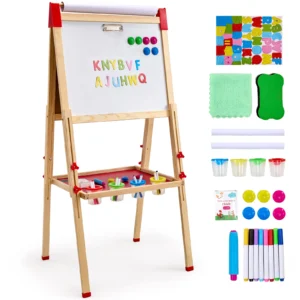 Kids Double-Sided Art Easel with Chalkboard, Whiteboard, Paper Roll and Accessories