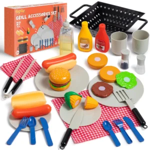 Kids BBQ Grill Accessories Set – 27 Piece Pretend Play Food Picnic Set with Burgers, Hot Dogs & Cooking Tools