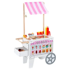 2-in-1 Kids Ice Cream & Hot Dog Cart Playset – Wooden Pretend Play Food Stand with Accessories & Storage