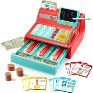 Kids Cash Register Toy with Play Money & Calculator – Pretend Store Playset with LCD Screen, Credit Card & Math Learning