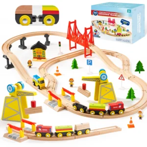 60-Piece Wooden Train Set for Kids – Magnetic Railway Track Set with Crane, Bridge & Construction Accessories | Educational STEM Train Toy
